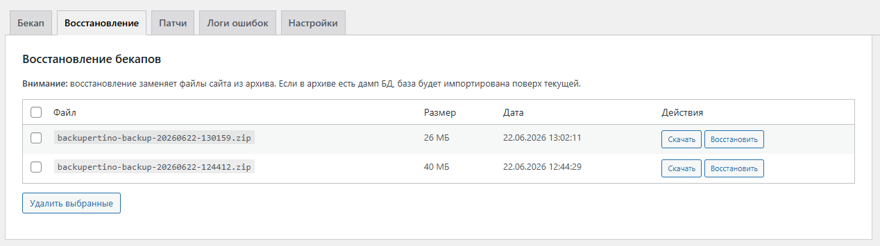 Восстановление бекапов WordPress через админку DeadTools AI Backup Manager